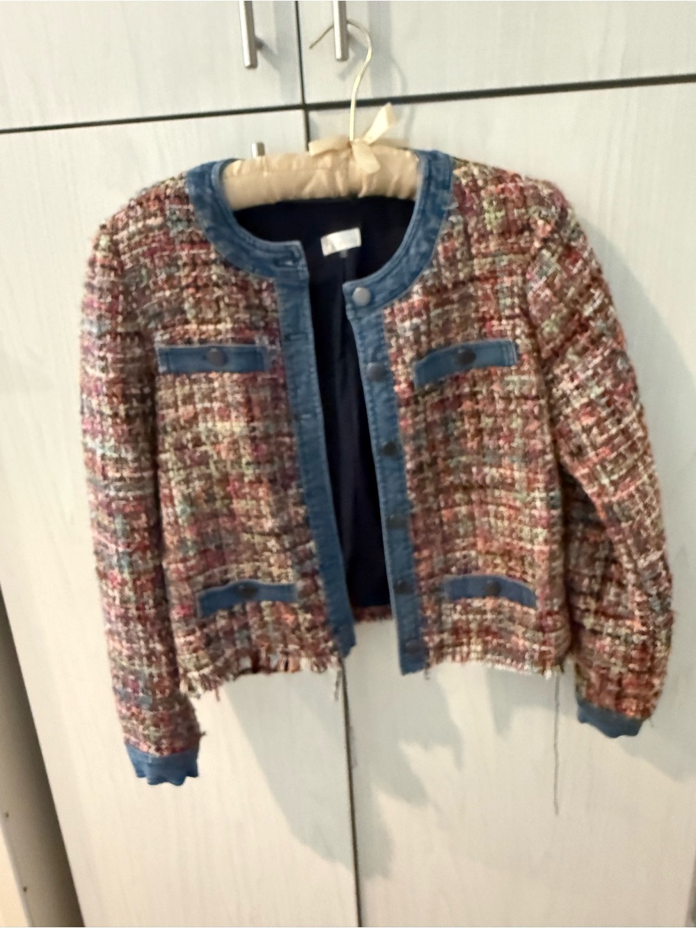 ecru Multicolor Tweed Jacket with Blue Trim